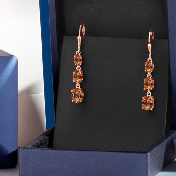 18K Rose Gold with 6.00Cttw 3 Stone Ecstasy Mystic Topaz Leverback Drop Earrings - Picture 4 of 5